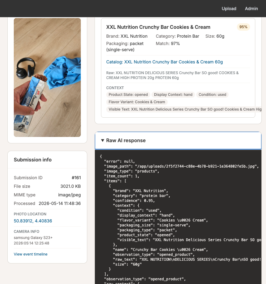 Wecheer Snap & Earn AI recognizing a product — brand, packaging state, consumption context and location detected with 97% confidence