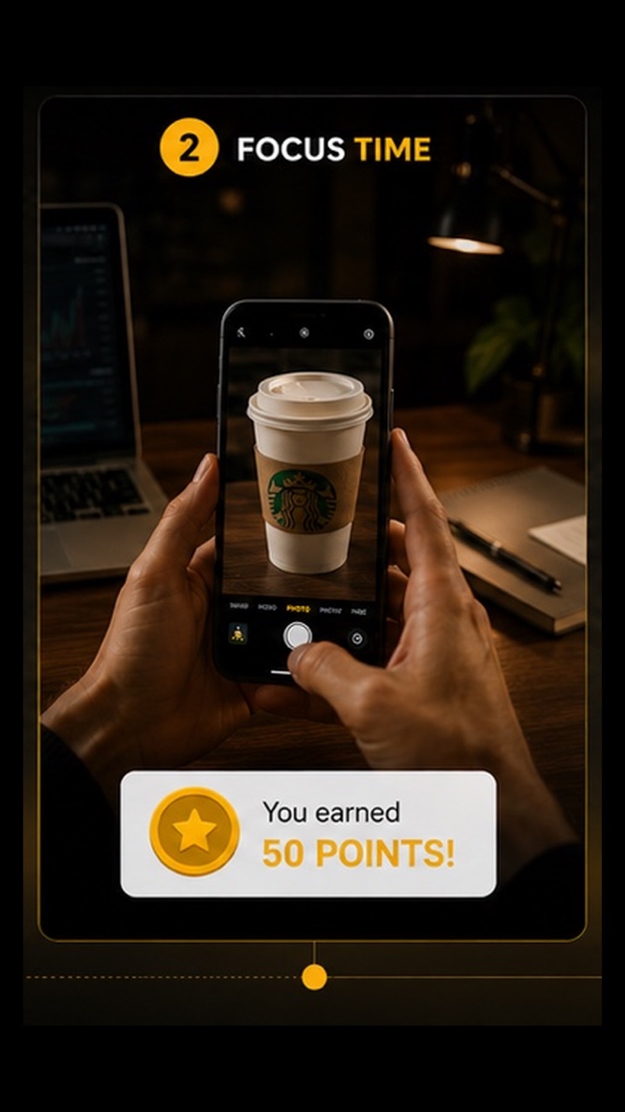 Snap & Earn Focus Time moment — a coffee rewarded as the workday begins