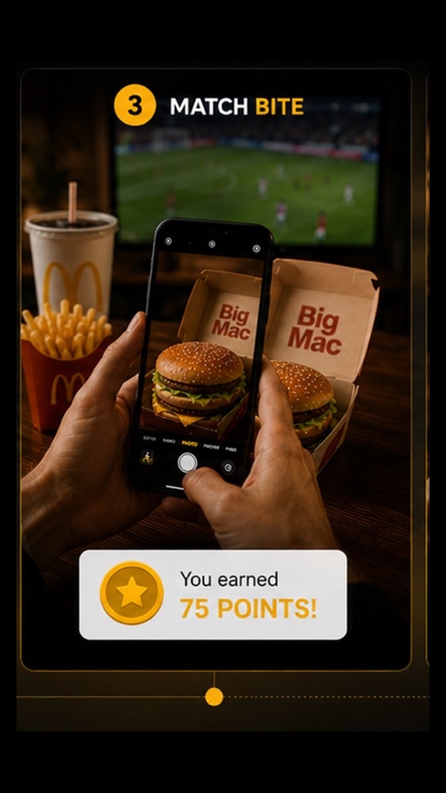 Snap & Earn Match Bite moment — a shared meal rewarded while watching the game