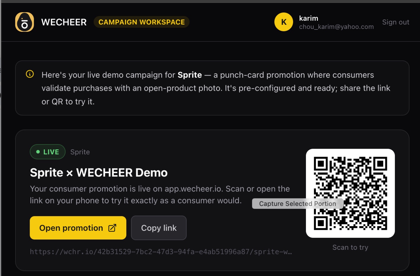Live WeCheer demo campaign with a shareable QR code